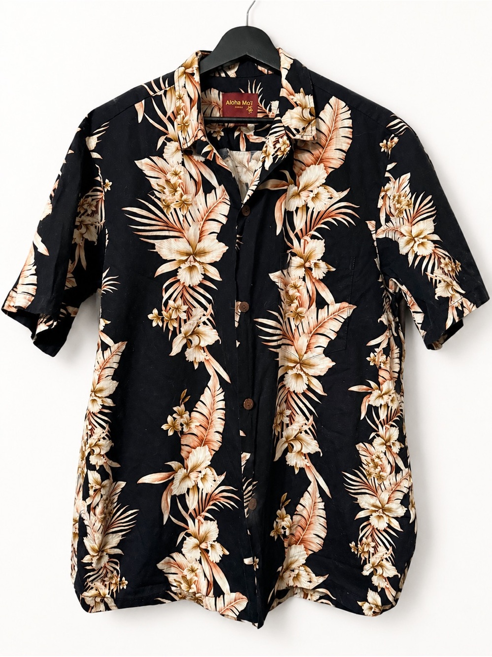 Aloha Mo’i Hawaii Floral Hawaiian Shirt XL Black Tan Tropical Button Up